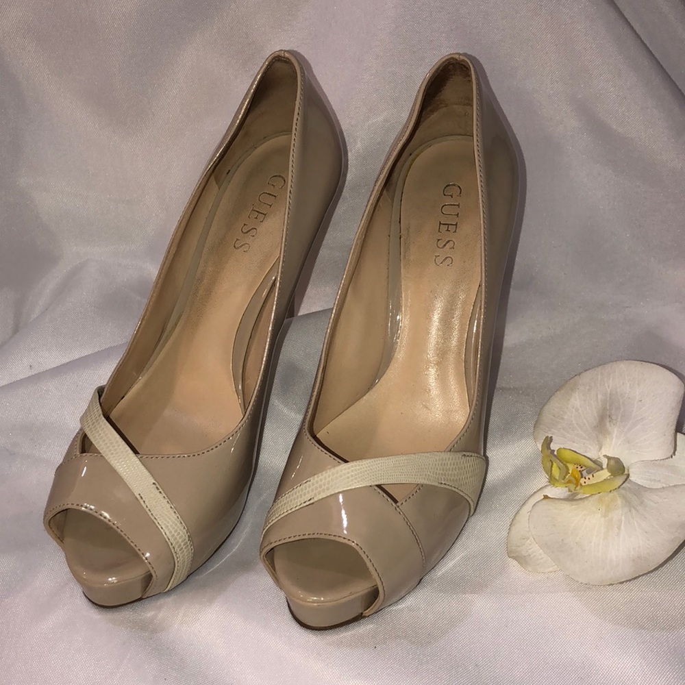 Guess Beige Patent Leather Peep Toe Pumps